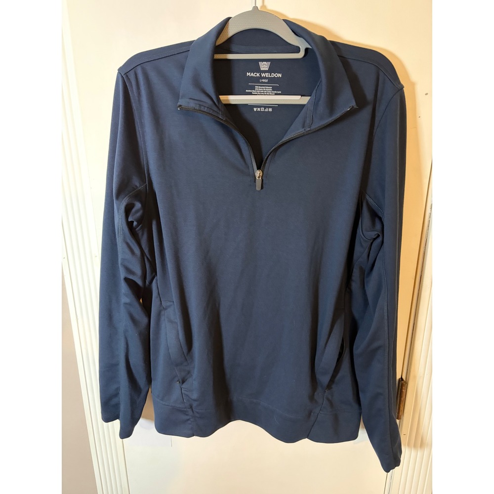 Mack Weldon Mens Navy Blue Recycled Polyester Blend Quarter Zip Pullover Large